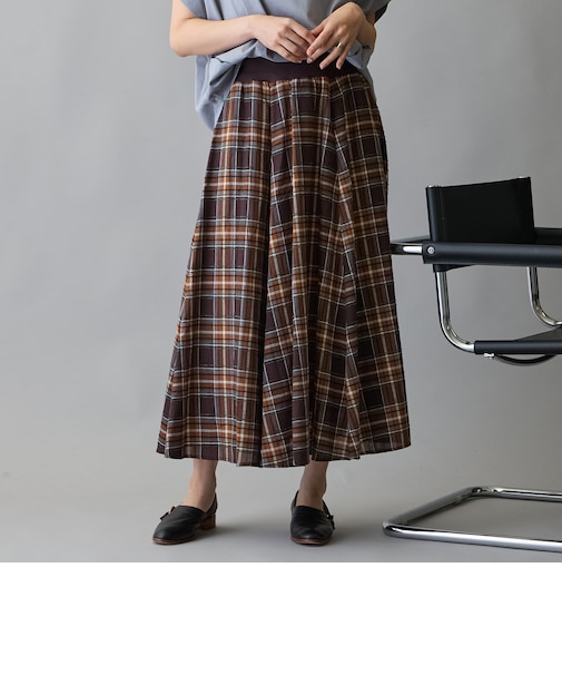 ウエストリブ付きモールチェックフレアスカート