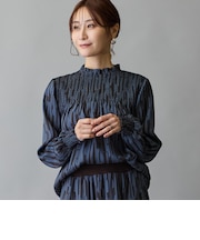 ブロックストライプ柄シャーリングブラウス