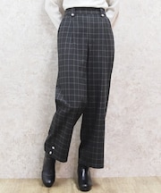 裾釦起毛チェックワイドパンツ