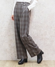裾釦起毛チェックワイドパンツ