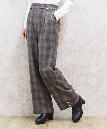 裾釦起毛チェックワイドパンツ