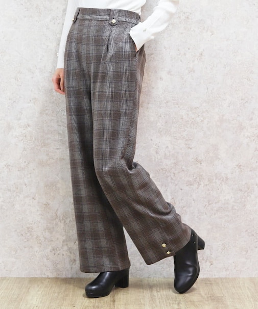 裾釦起毛チェックワイドパンツ
