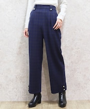 裾釦起毛チェックワイドパンツ