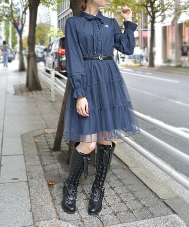 胸刺繍デニム×チュールＯＰ