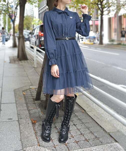 胸刺繍デニム×チュールＯＰ