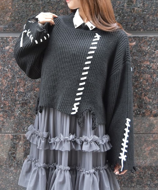 ステッチダメージニット