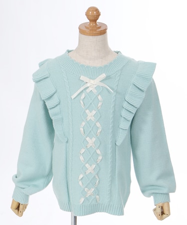 リボンケーブル肩フリルニット