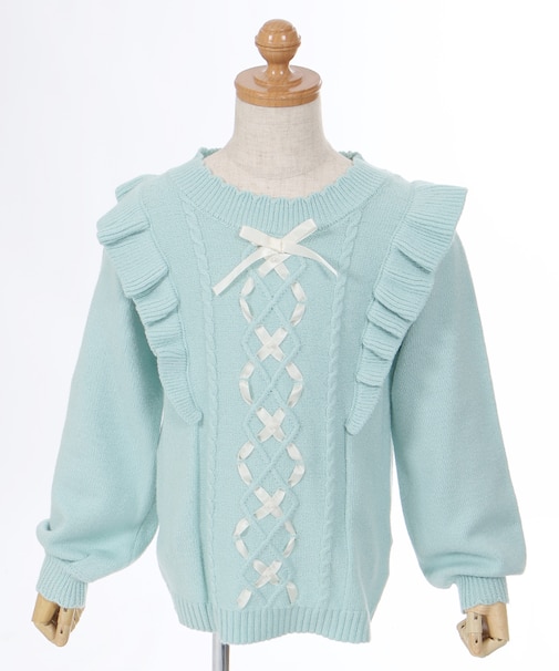 リボンケーブル肩フリルニット