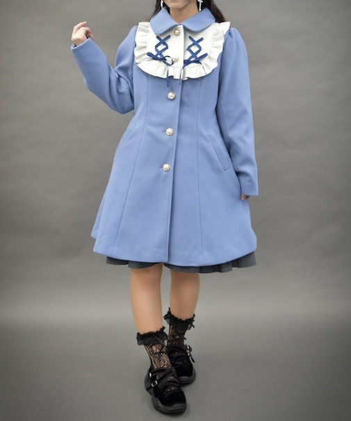 ブロッキングフリルコート