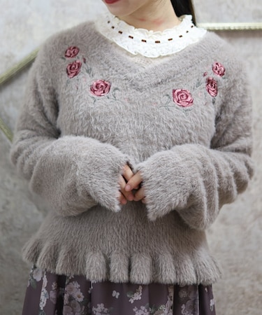 ローズ刺繍フェザーニット