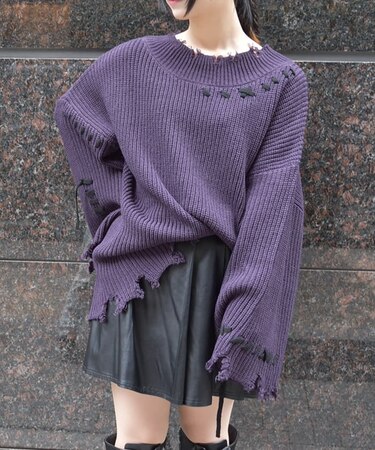 ロングステッチダメージニット