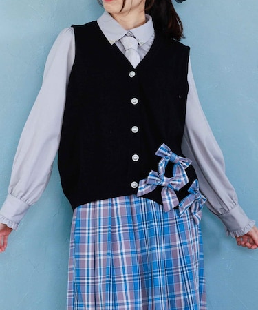 チェックリボンブローチベスト