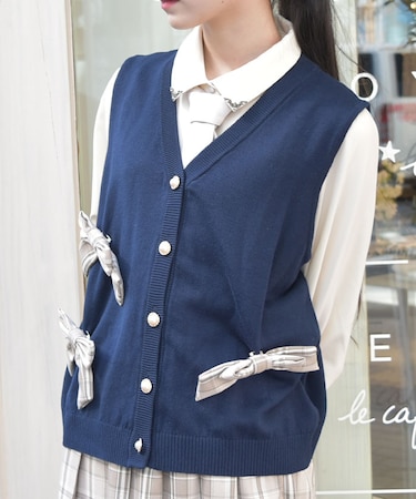 チェックリボンブローチベスト