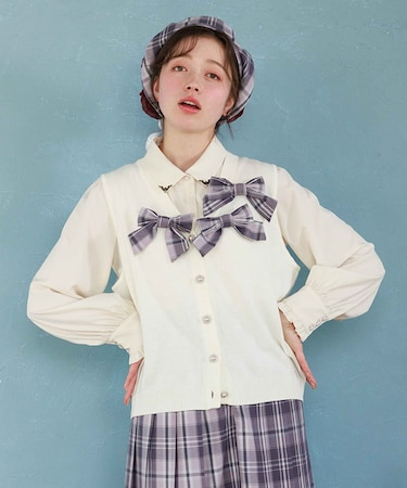 チェックリボンブローチベスト