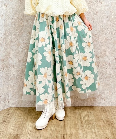 チュール重ね花柄スカート
