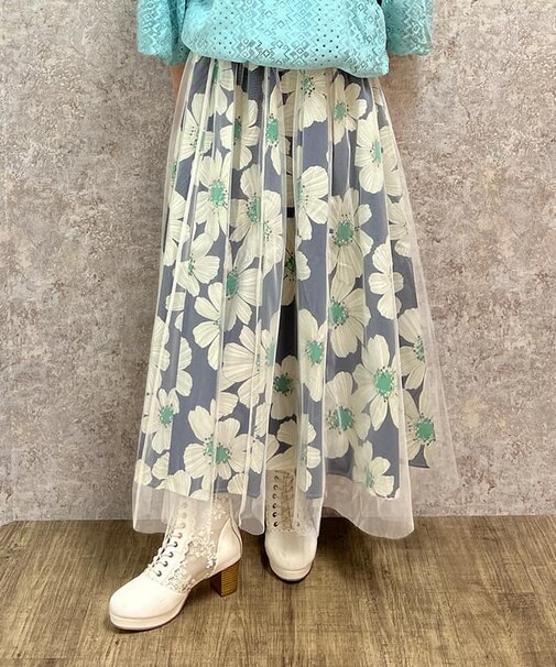 チュール重ね花柄スカート