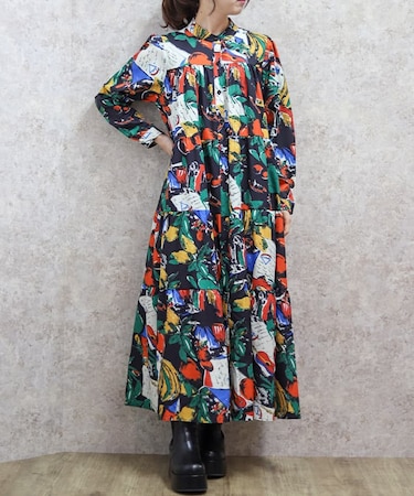 長袖柄ワンピース