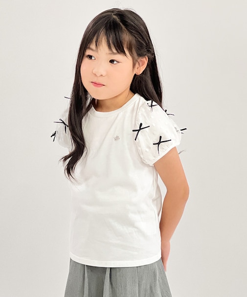 リボンチュール袖Tシャツ