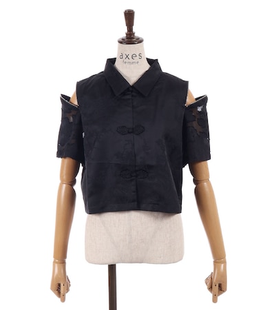 肩ジップシアー袖短丈ブラウス