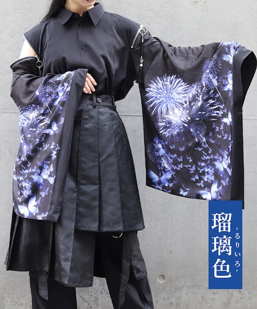 蝶×花火プリント和袖シャツ