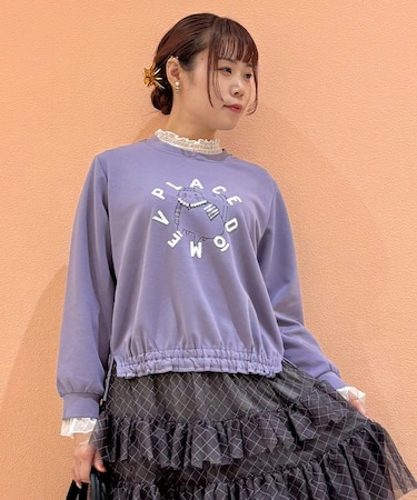 猫プリントパール付長袖PO