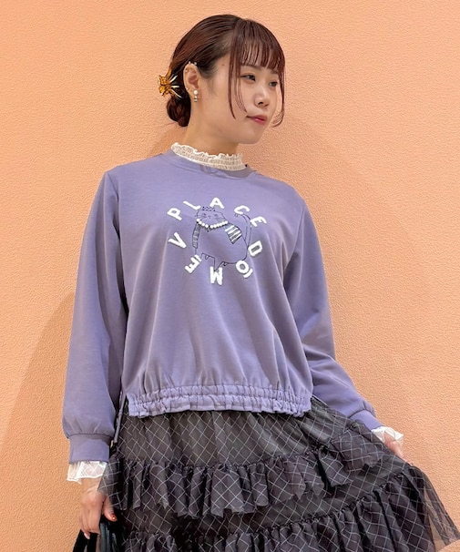 猫プリントパール付長袖PO