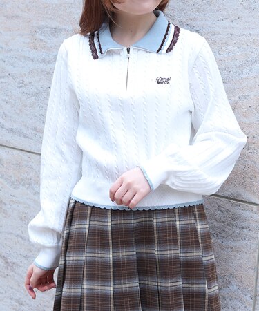 レース×バイカラーニットポロ