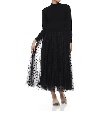 ウォッシャブル 異素材コンビネーション チュールドット柄フロッキードレス