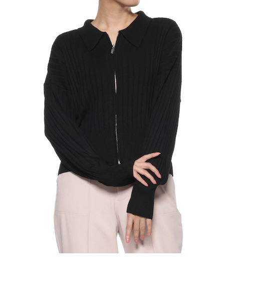 ジップアップ 襟付きリブニットカーディガン