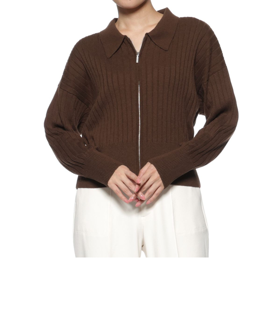 ジップアップ 襟付きリブニットカーディガン