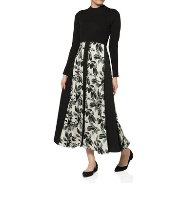 異素材コンビネーション フラワープリントドレス