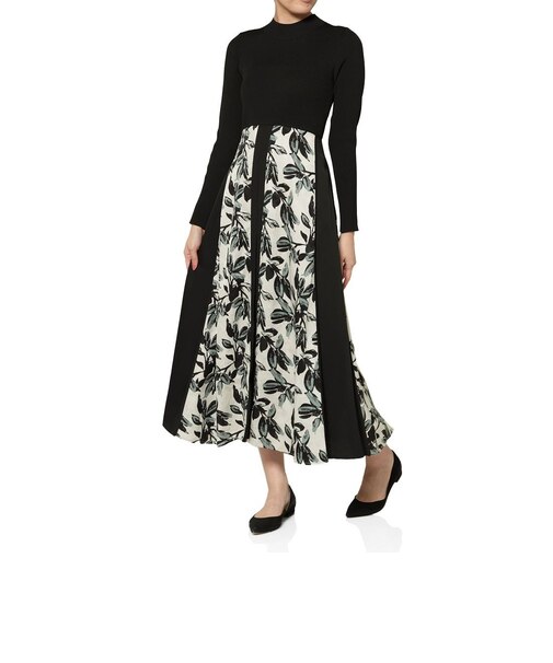 異素材コンビネーション フラワープリントドレス