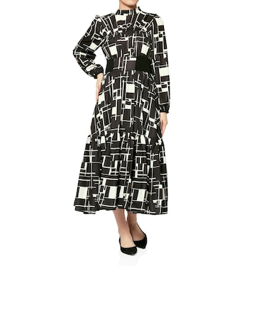 ウォッシャブル ジオメトリック柄ロングドレス