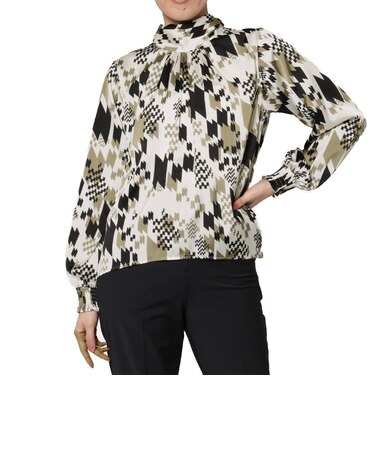 ウォッシャブル ジオメトリック柄バックボウデザインブラウス