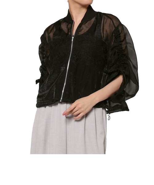 BARNEYS NEW YORK レースブルゾン ウォッシャブル レースドッキング シアー素材ショートブルゾン