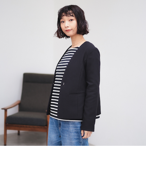 【美品】ビーミングバイビームス ノーカラースーツ ストレッチ セットアップ アウトレット】2wayストレッチ ノーカラージャケット 紺