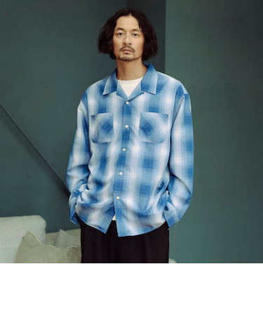 ポリエステル チェック オープンカラー シャツ