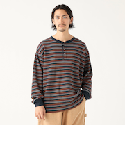 ワッフル ボーダー ヘンリーネック ロングスリーブ カットソー