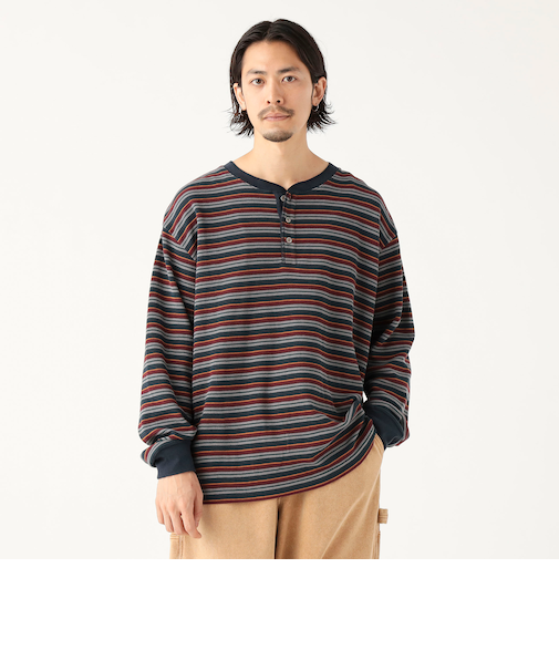 ワッフル ボーダー ヘンリーネック ロングスリーブ カットソー