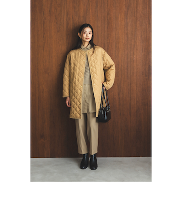 キルティング ノーカラー ロング コート(S~M)