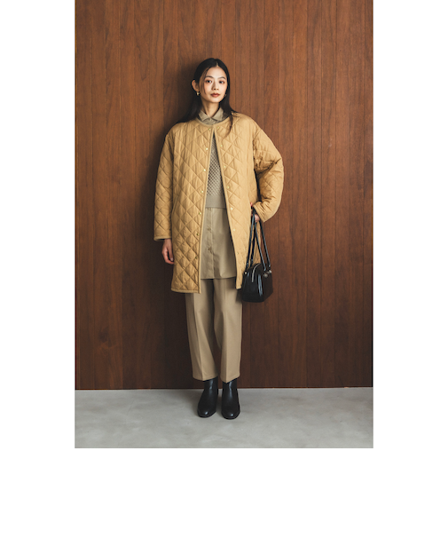 キルティング ノーカラー ロング コート(S~M)