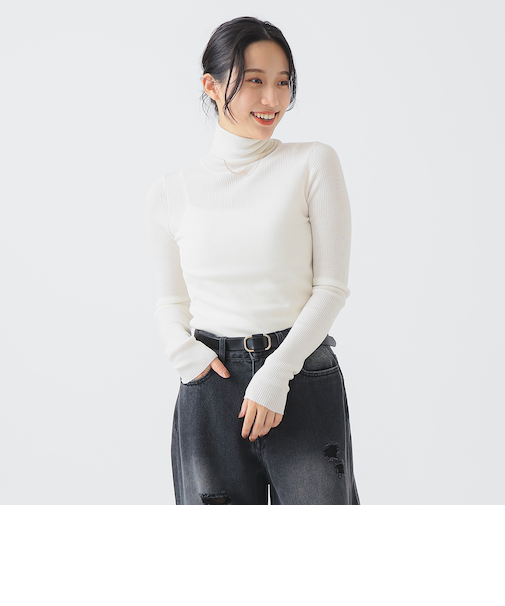 ウール混 リブニット タートルネック