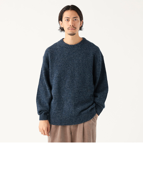 【BEAMS+】5G リブ クルーニット/エルボーパッチ（ネイビー・L）