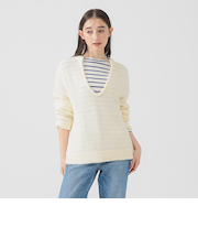 ボーダー ロンT × Vネック ニット セット