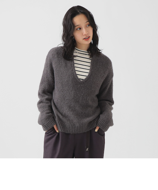 ボーダー ロンT × Vネック ニット セット