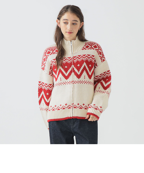 柄 ニット ブルゾン