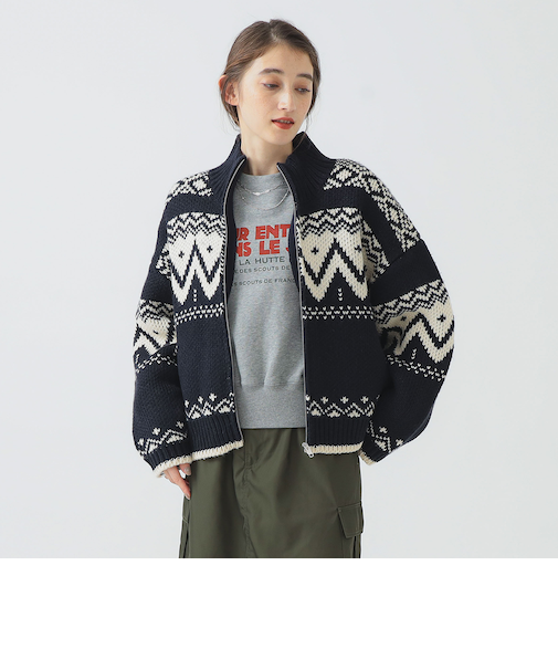 柄 ニット ブルゾン