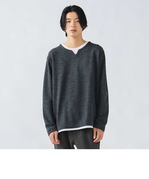畦編み キーネック フェイクレイヤー カットソー