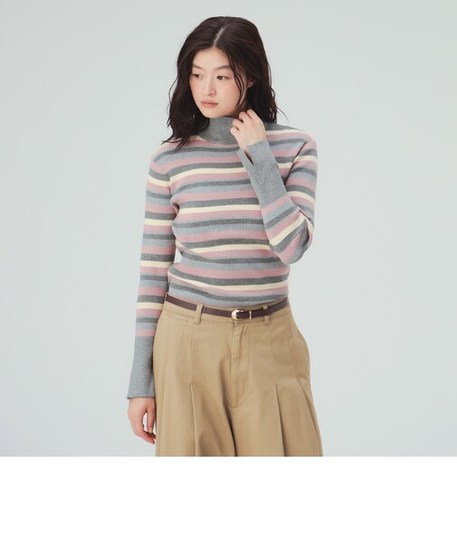 マルチ ボーダー タートルネック ニット