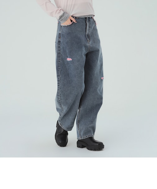 カラーダメージ コクーン デニムパンツ